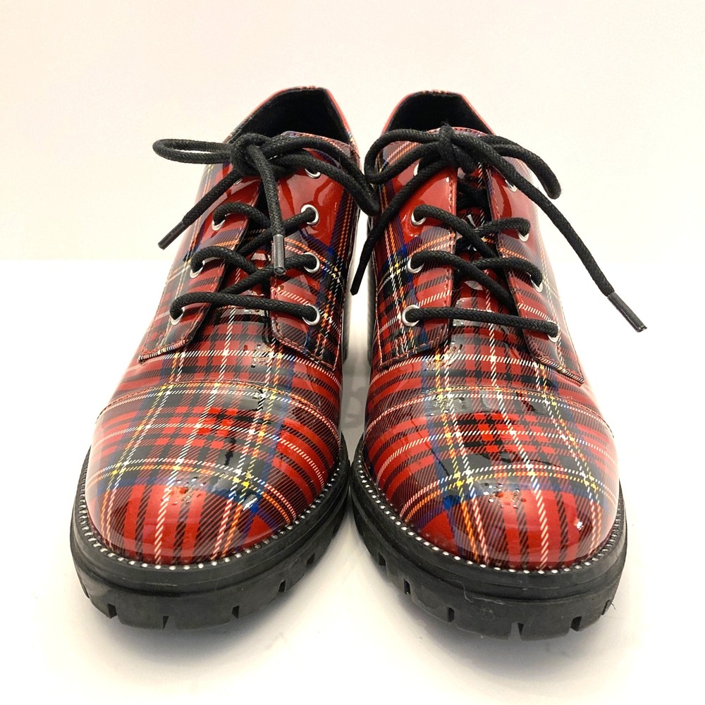 Jessica Simpson Resina Heeled Oxfords Red Plaid Patent Faux Leather Womens 7 M - Picture 4 of 11
